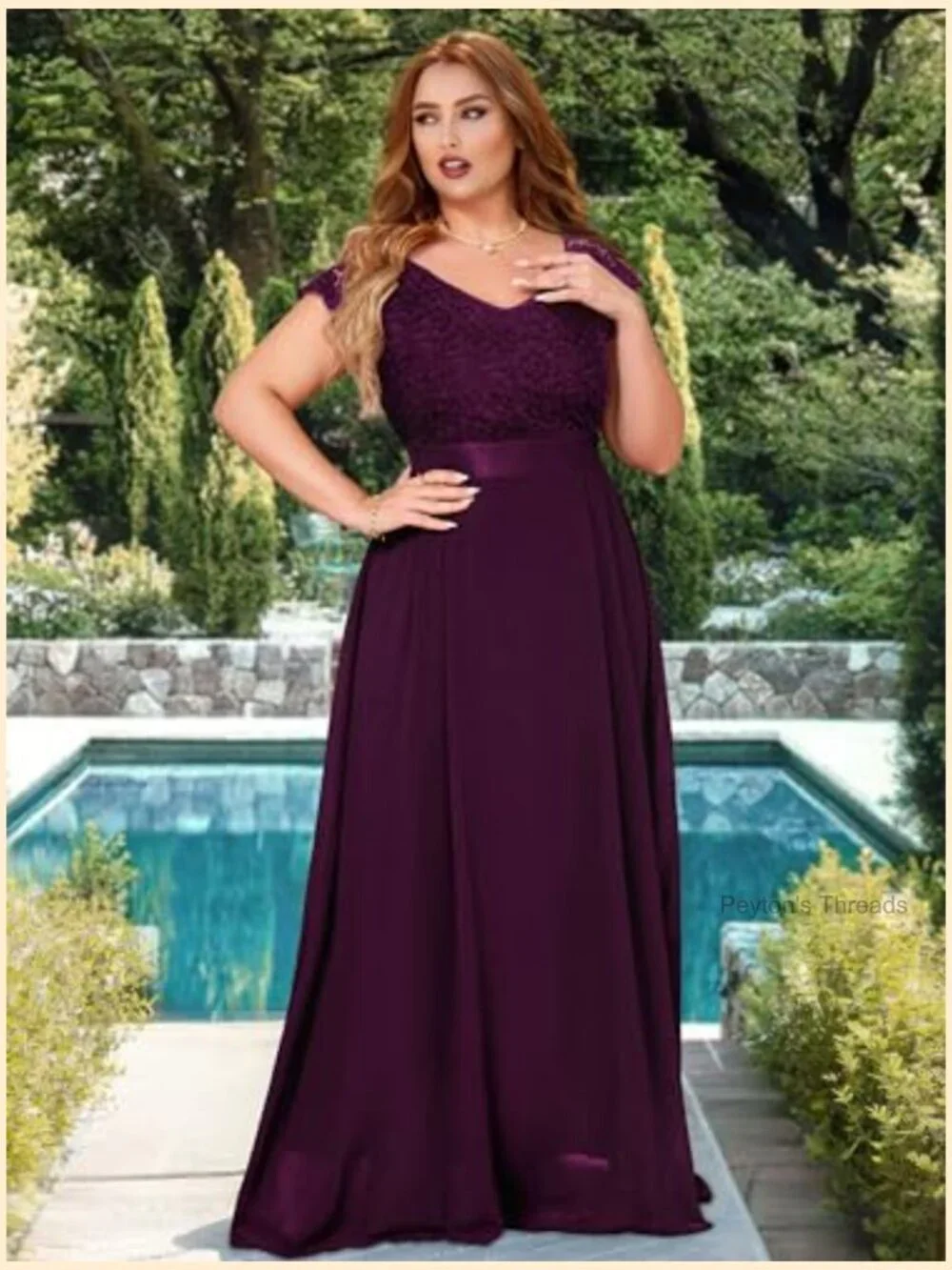 Plus Size V-Neck Lace Cap Sleeve Ruffle Maxi Dress Formal Evening